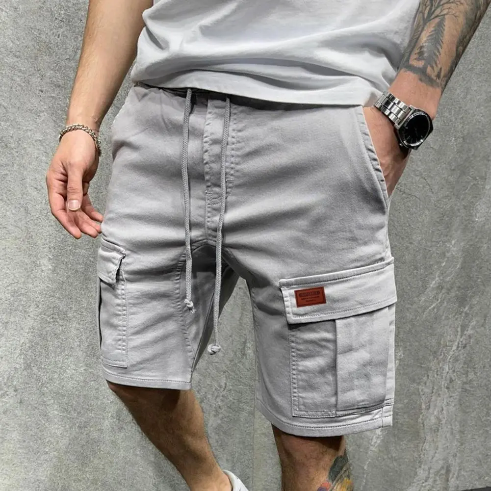 Men Shorts Drawstring Straight Wide Leg Multi Pockets Cargo Shorts Solid Color Vintage Mid Waistsports Casual Pants Sweatpants