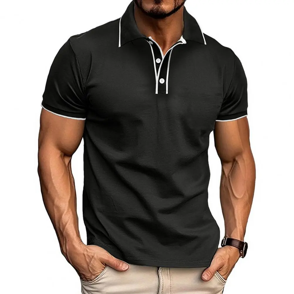Men T shirt OL Commuter Short sleeved Shirt Color Matching Lapel Button Half open Stitching Sports Tees Top European Size