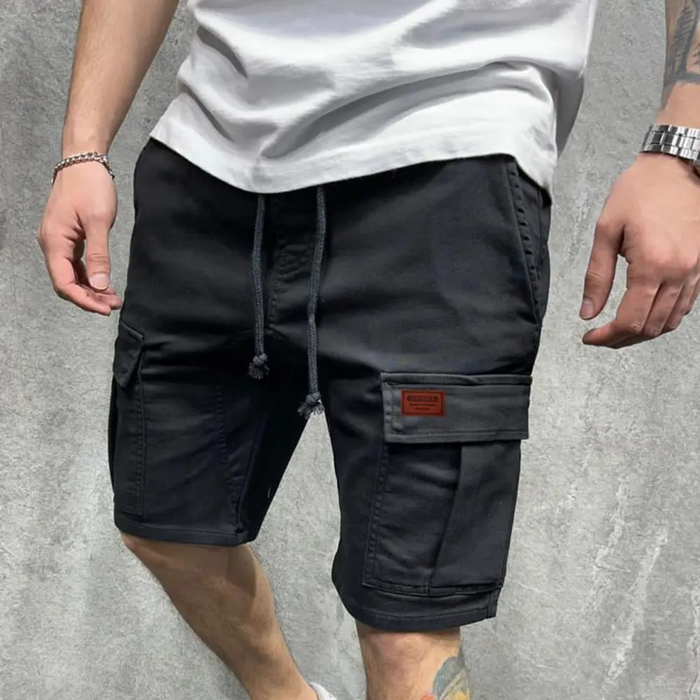Men Shorts Drawstring Straight Wide Leg Multi Pockets Cargo Shorts Solid Color Vintage Mid Waistsports Casual Pants Sweatpants