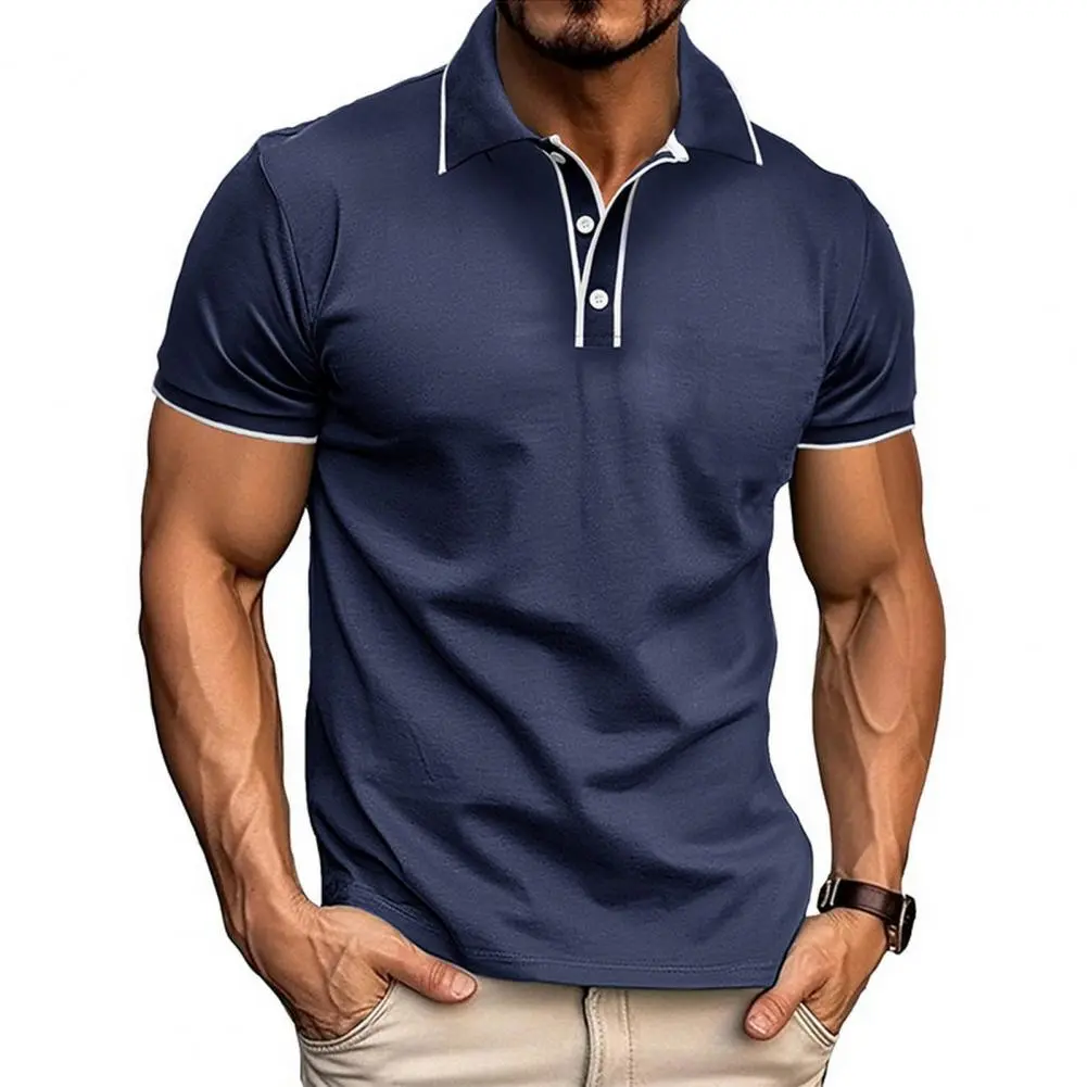 Men T shirt OL Commuter Short sleeved Shirt Color Matching Lapel Button Half open Stitching Sports Tees Top European Size