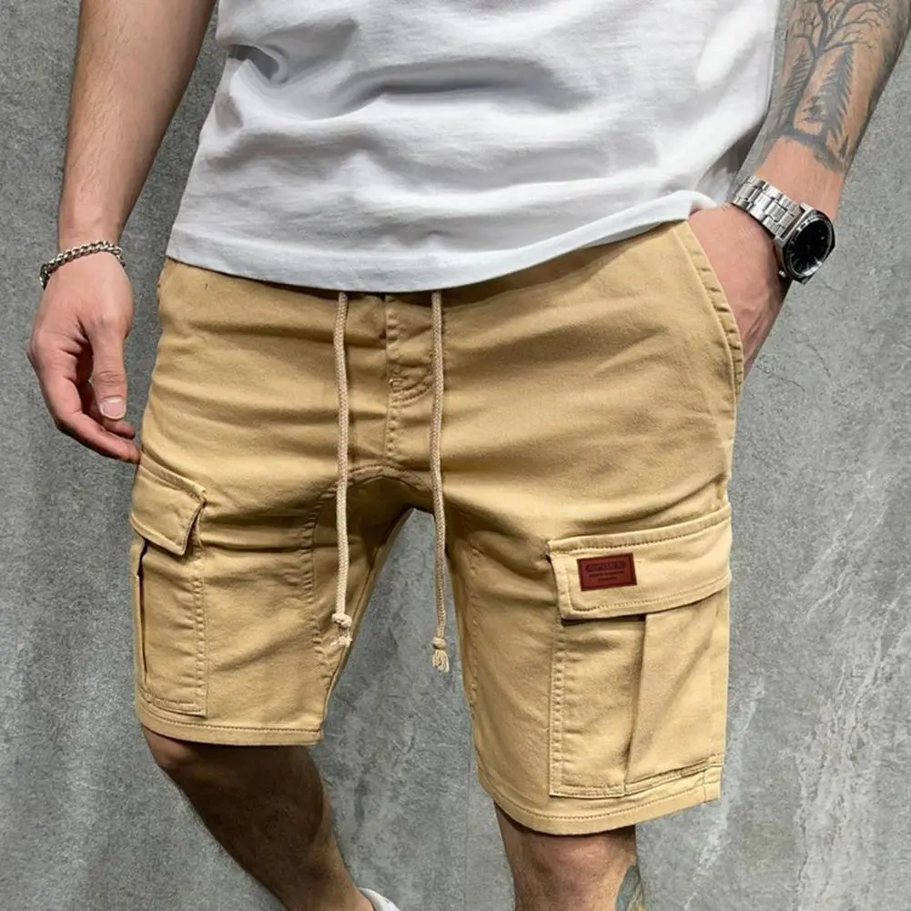 Men Shorts Drawstring Straight Wide Leg Multi Pockets Cargo Shorts Solid Color Vintage Mid Waistsports Casual Pants Sweatpants