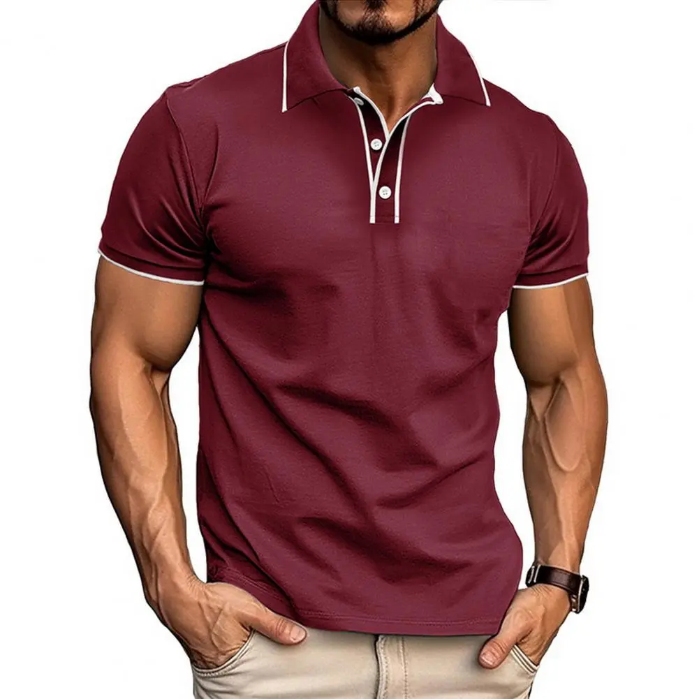 Men T shirt OL Commuter Short sleeved Shirt Color Matching Lapel Button Half open Stitching Sports Tees Top European Size