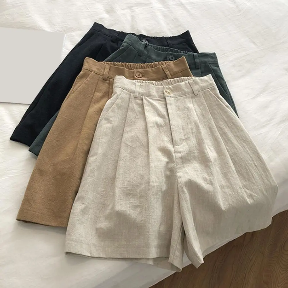 Cotton Women Short Pants High Waist Solid Color Women Casual Shorts Loose Wide Leg Shorts Breathable Sports Shorts Beach Shorts