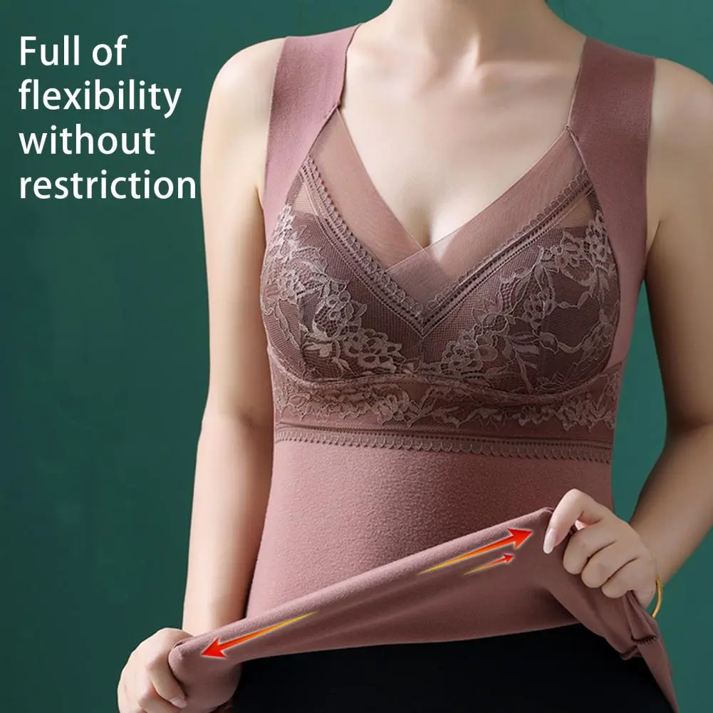 Darlon Lining Bra Camisole Embroidery Lace Women Thermal Bra Seamless Push Up Chest Pads V-Neck Thermal Vest Winter Underwear