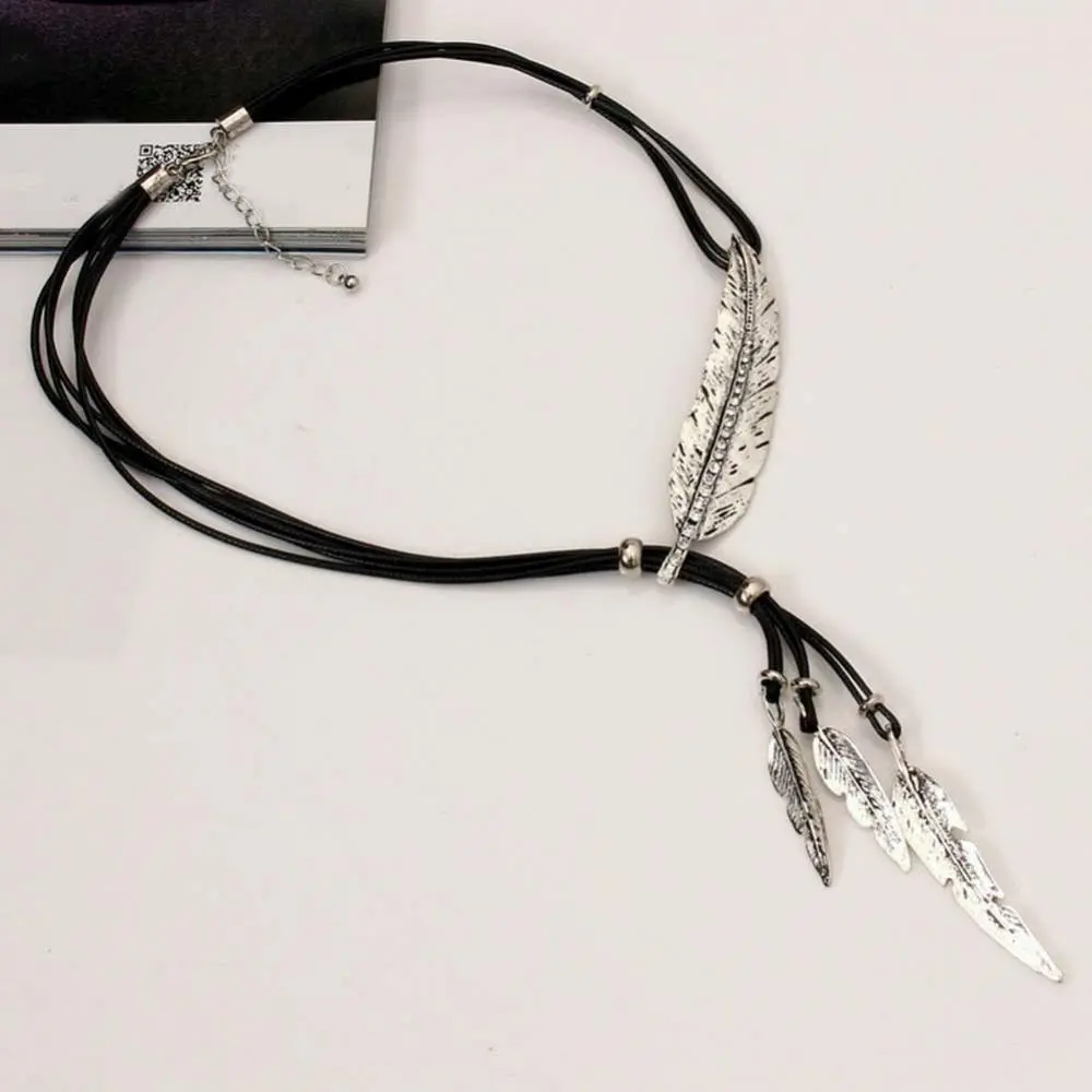 Bohemian Long Women Necklace Rhinestone Feather Pendant Leather Rope Sweater Necklace Clothing Pendant Vintage Lanyard Jewelry