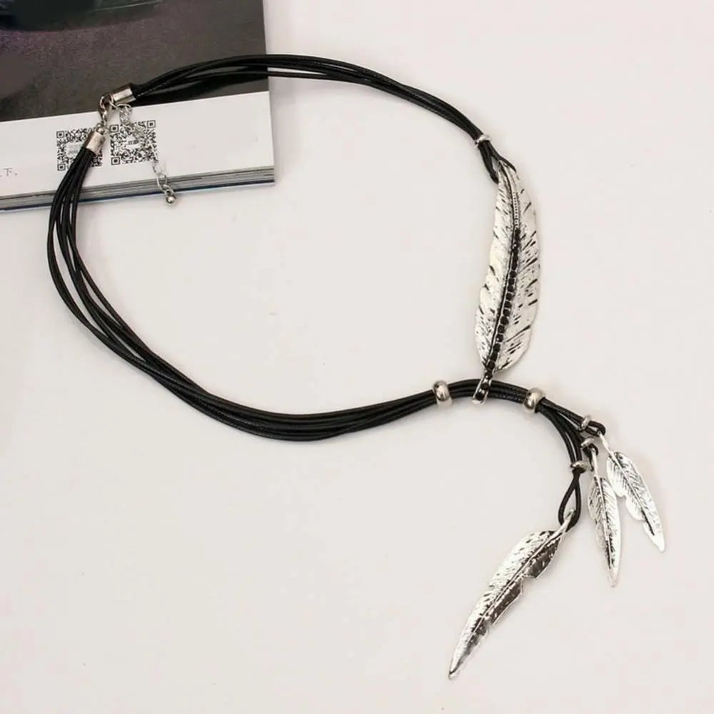 Bohemian Long Women Necklace Rhinestone Feather Pendant Leather Rope Sweater Necklace Clothing Pendant Vintage Lanyard Jewelry