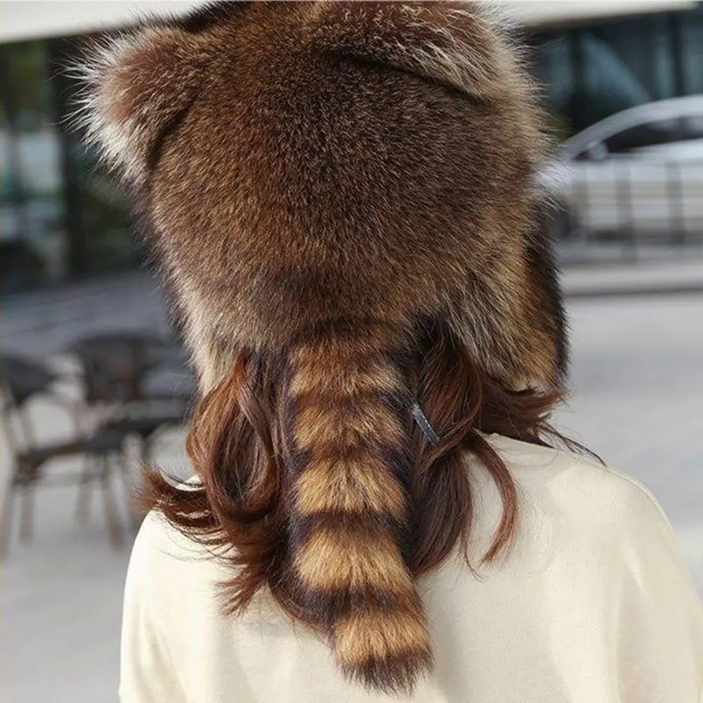 Winter Hat Cute Raccoon Shape Trendy Beanie For Women Thermal Hat Warm Soft Adult Children Raccoon Plush Balls With Tail Hat
