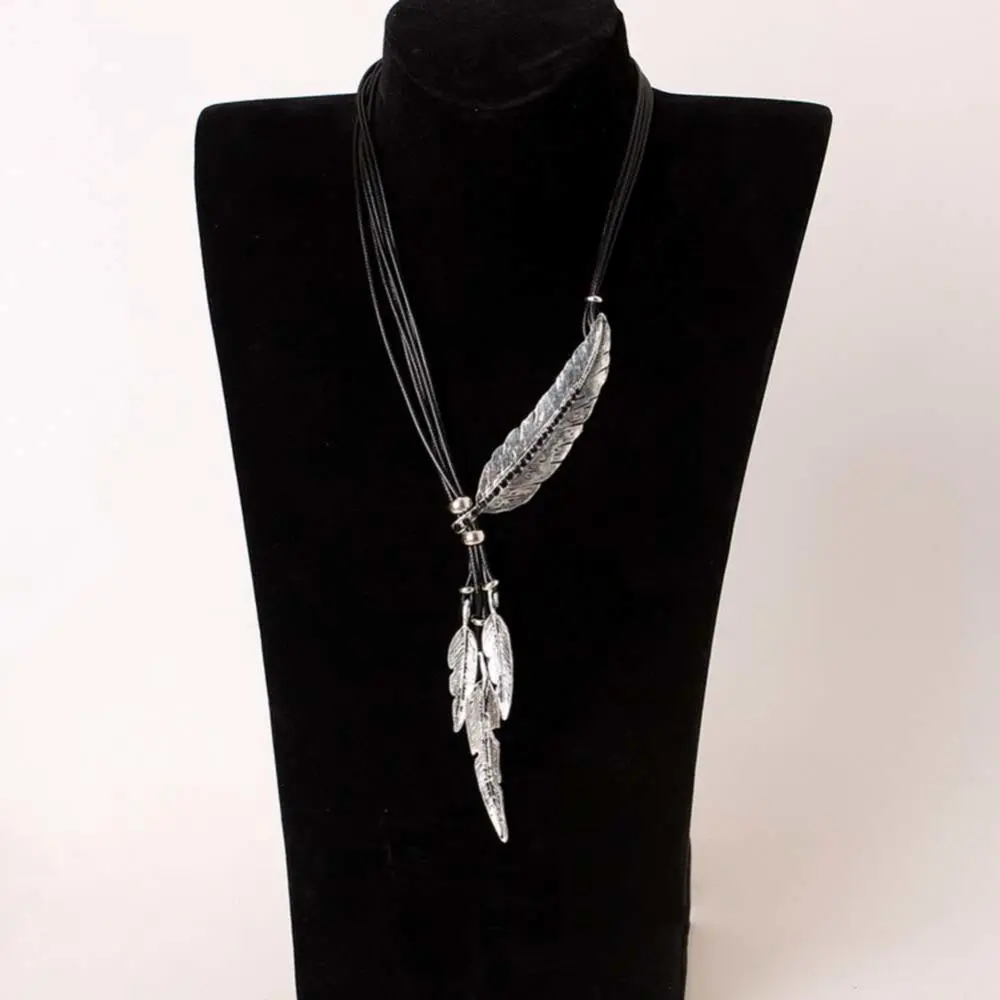 Bohemian Long Women Necklace Rhinestone Feather Pendant Leather Rope Sweater Necklace Clothing Pendant Vintage Lanyard Jewelry