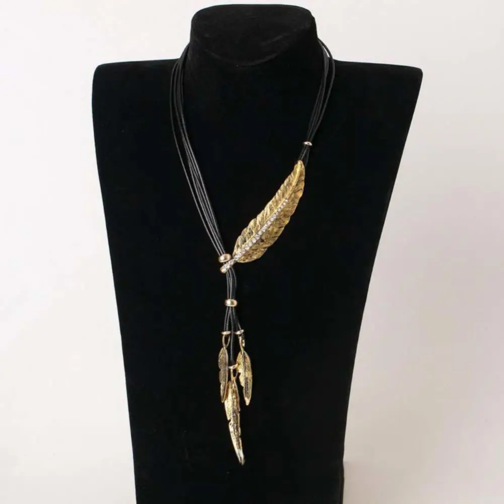 Bohemian Long Women Necklace Rhinestone Feather Pendant Leather Rope Sweater Necklace Clothing Pendant Vintage Lanyard Jewelry