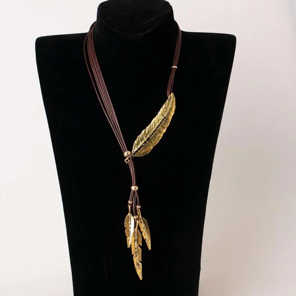 Bohemian Long Women Necklace Rhinestone Feather Pendant Leather Rope Sweater Necklace Clothing Pendant Vintage Lanyard Jewelry