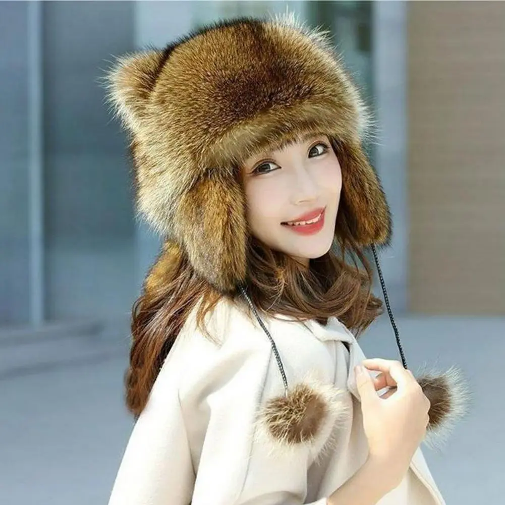 Winter Hat Cute Raccoon Shape Trendy Beanie For Women Thermal Hat Warm Soft Adult Children Raccoon Plush Balls With Tail Hat