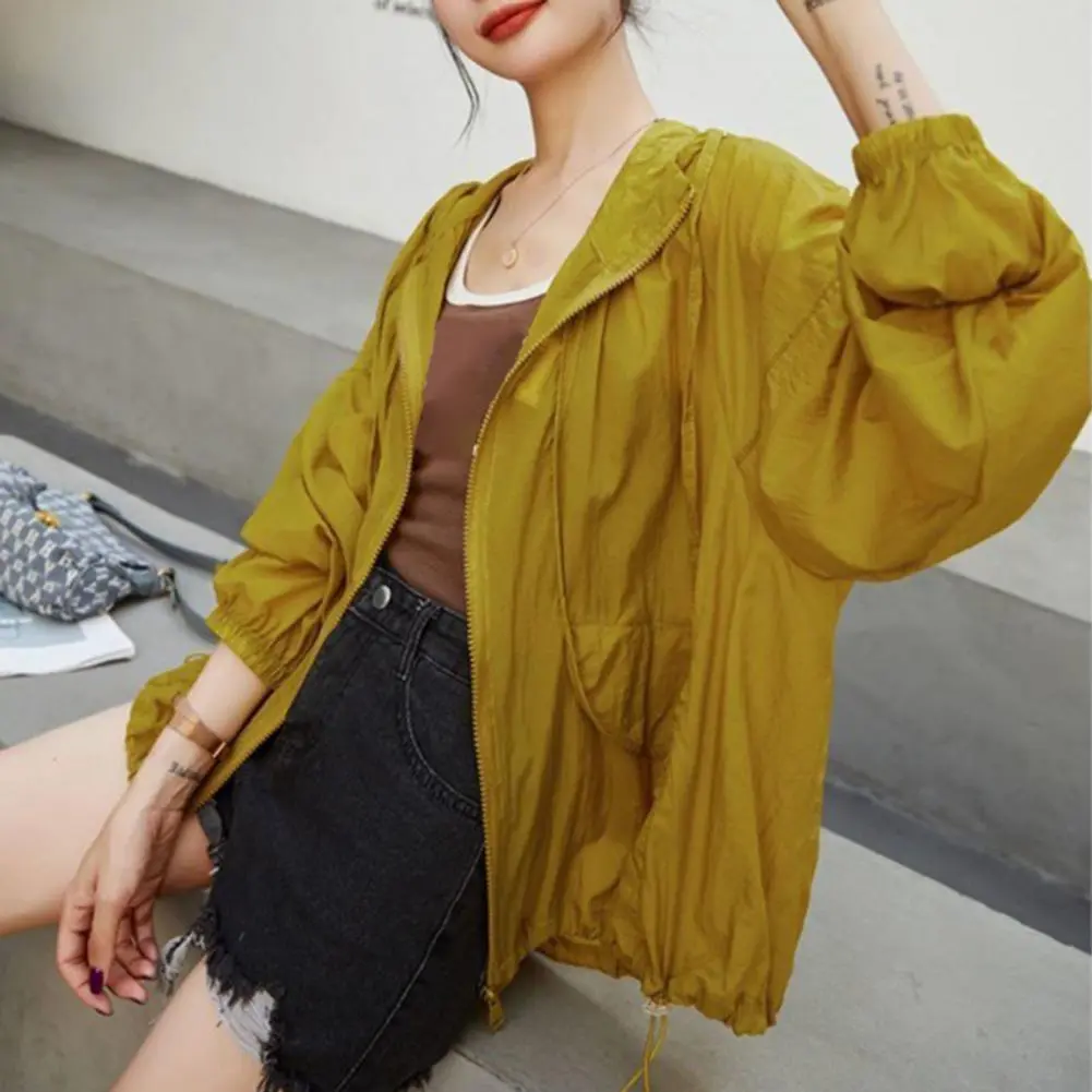 Women Sunscreen Clothing Hooded Drawstring Long Sleeve Summer Sunblock Jacket With Side Pockets Hooded UV Protective Thin Jakcet