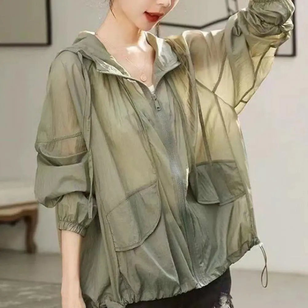 Women Sunscreen Clothing Hooded Drawstring Long Sleeve Summer Sunblock Jacket With Side Pockets Hooded UV Protective Thin Jakcet