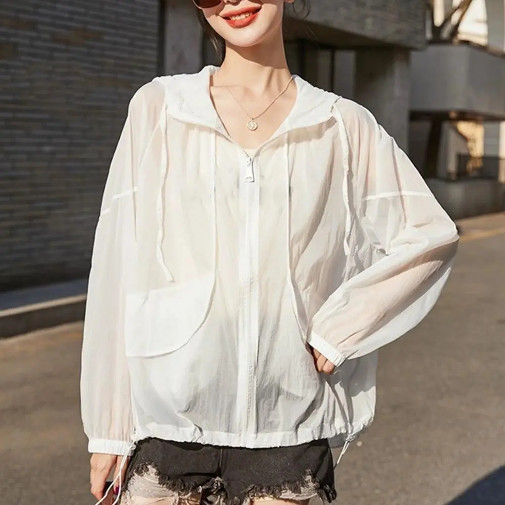 Women Sunscreen Clothing Hooded Drawstring Long Sleeve Summer Sunblock Jacket With Side Pockets Hooded UV Protective Thin Jakcet