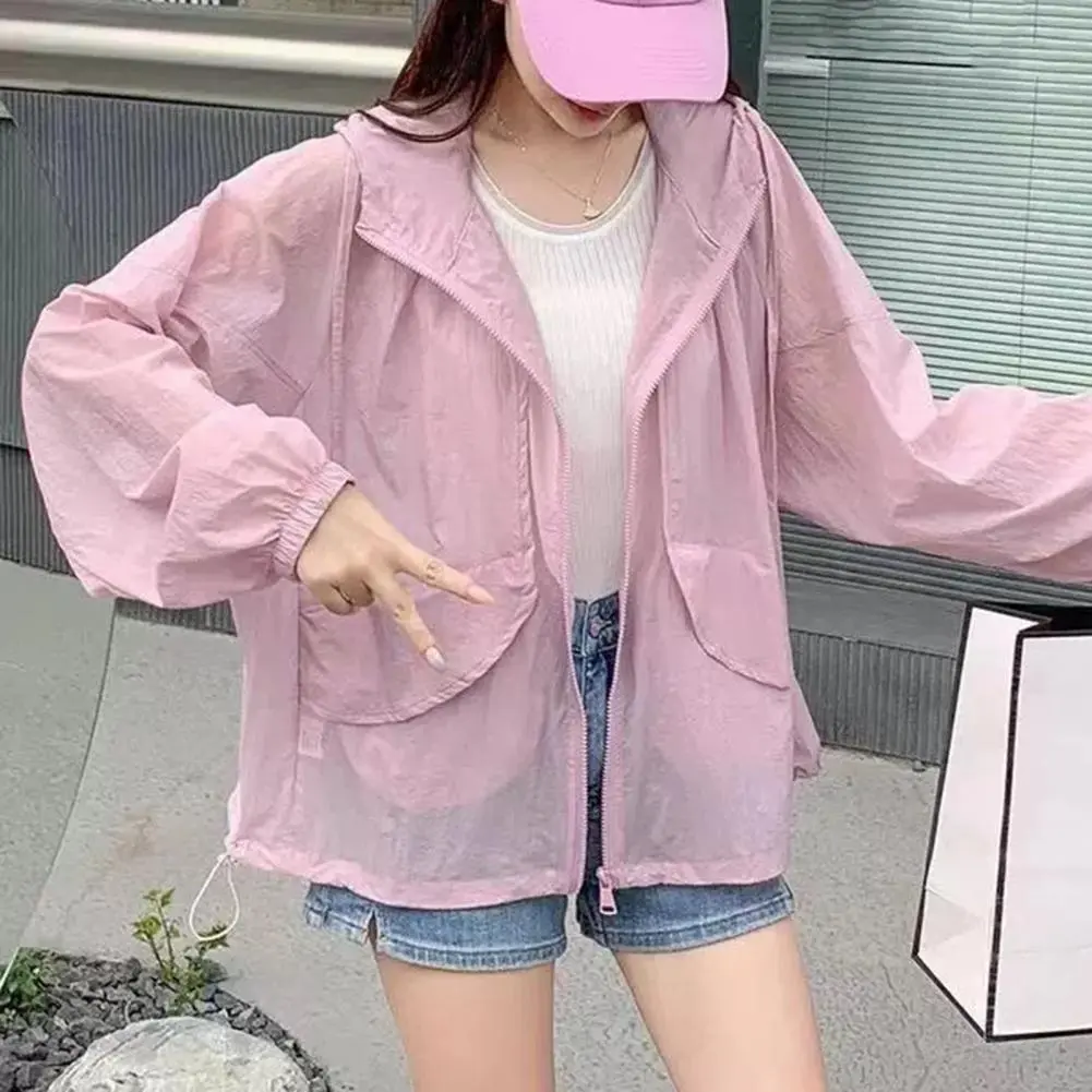 Women Sunscreen Clothing Hooded Drawstring Long Sleeve Summer Sunblock Jacket With Side Pockets Hooded UV Protective Thin Jakcet