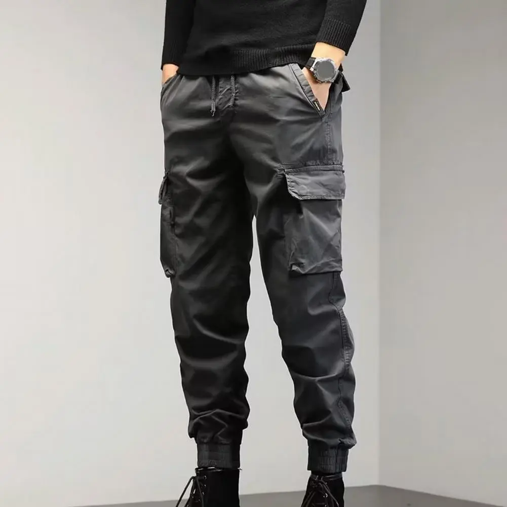 Drawstring Cargo Pants with Multiple Pockets Elastic Waist Solid Color Spring Autumn Sweatpants rmy Joggers Pants