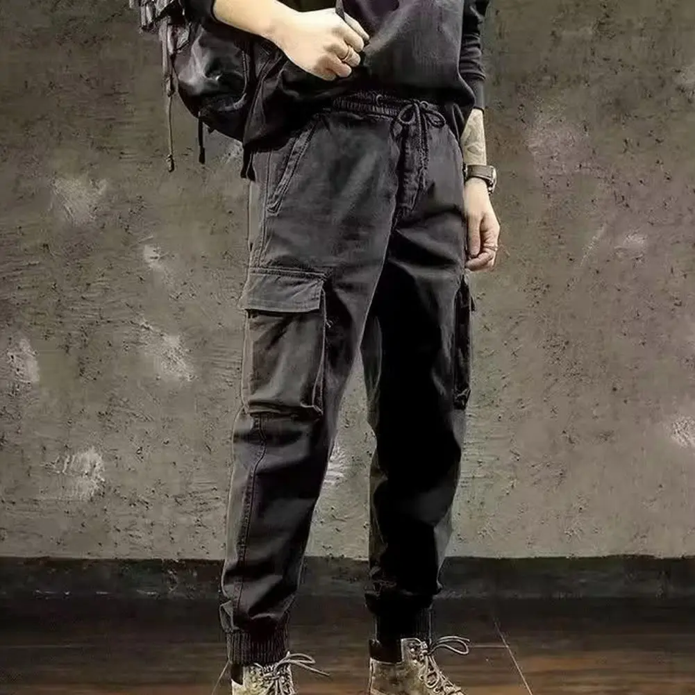 Drawstring Cargo Pants with Multiple Pockets Elastic Waist Solid Color Spring Autumn Sweatpants rmy Joggers Pants