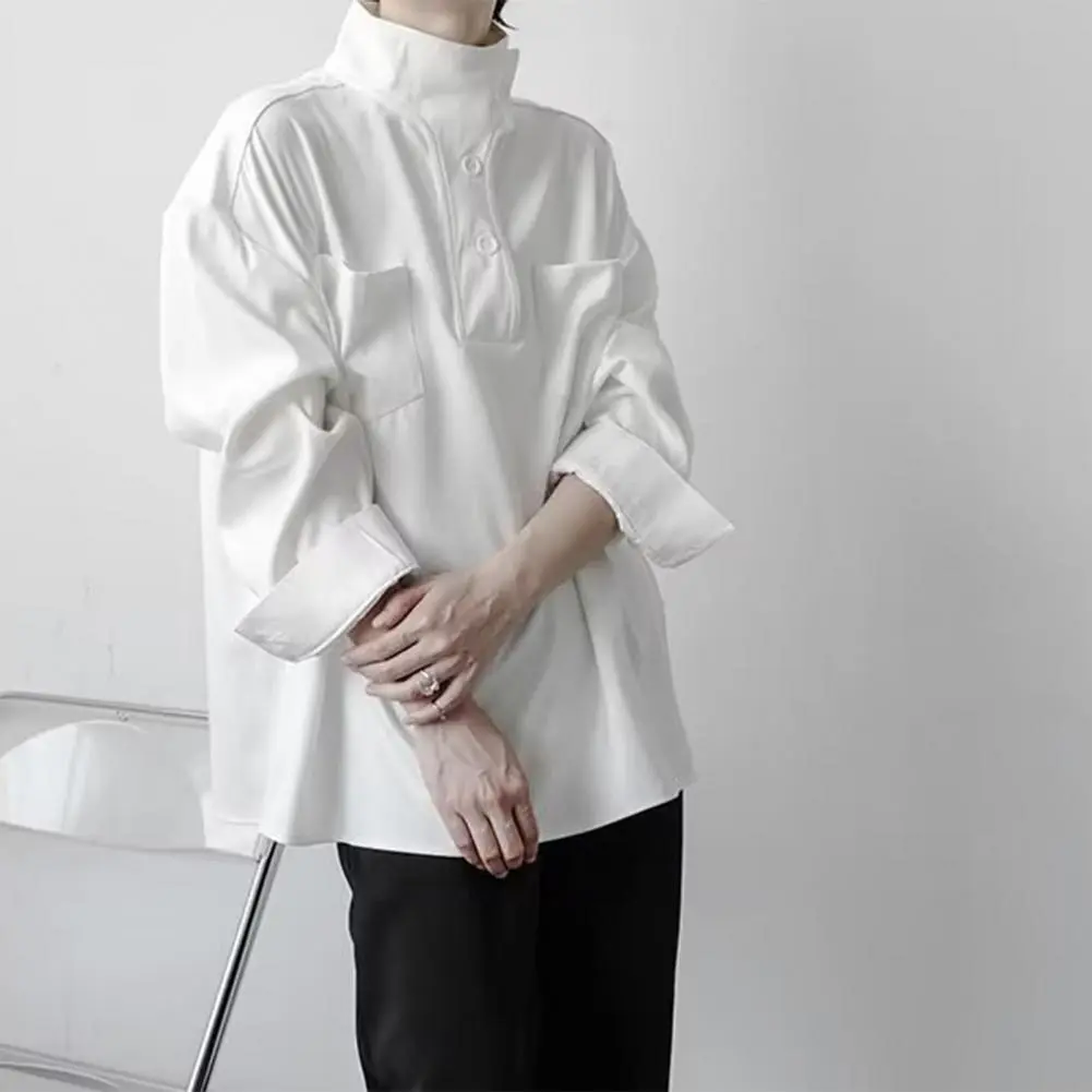 Women Shirt Half-High Collar Buttons Half Closure Long Sleeve Shirt with Pockets Solid Color Versatile Wardrobe Essential Shirt