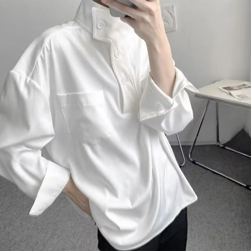Women Shirt Half-High Collar Buttons Half Closure Long Sleeve Shirt with Pockets Solid Color Versatile Wardrobe Essential Shirt