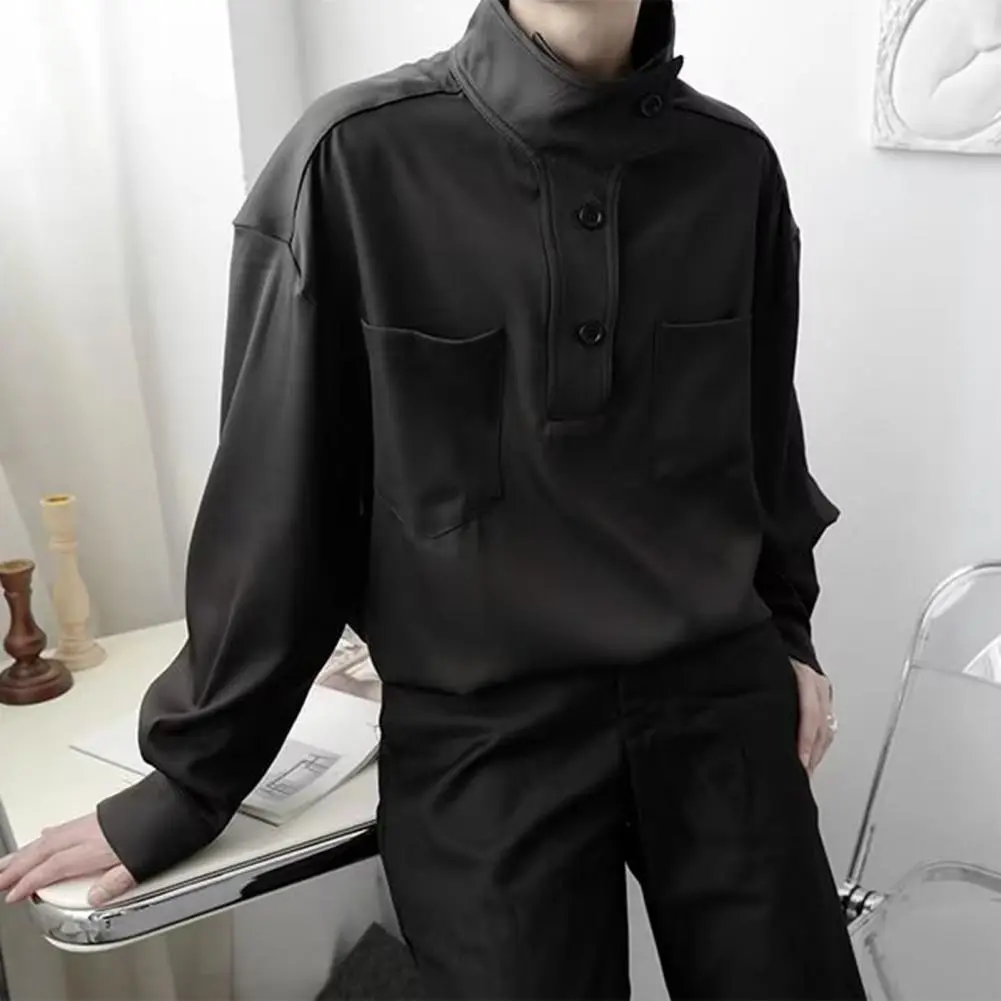 Women Shirt Half-High Collar Buttons Half Closure Long Sleeve Shirt with Pockets Solid Color Versatile Wardrobe Essential Shirt
