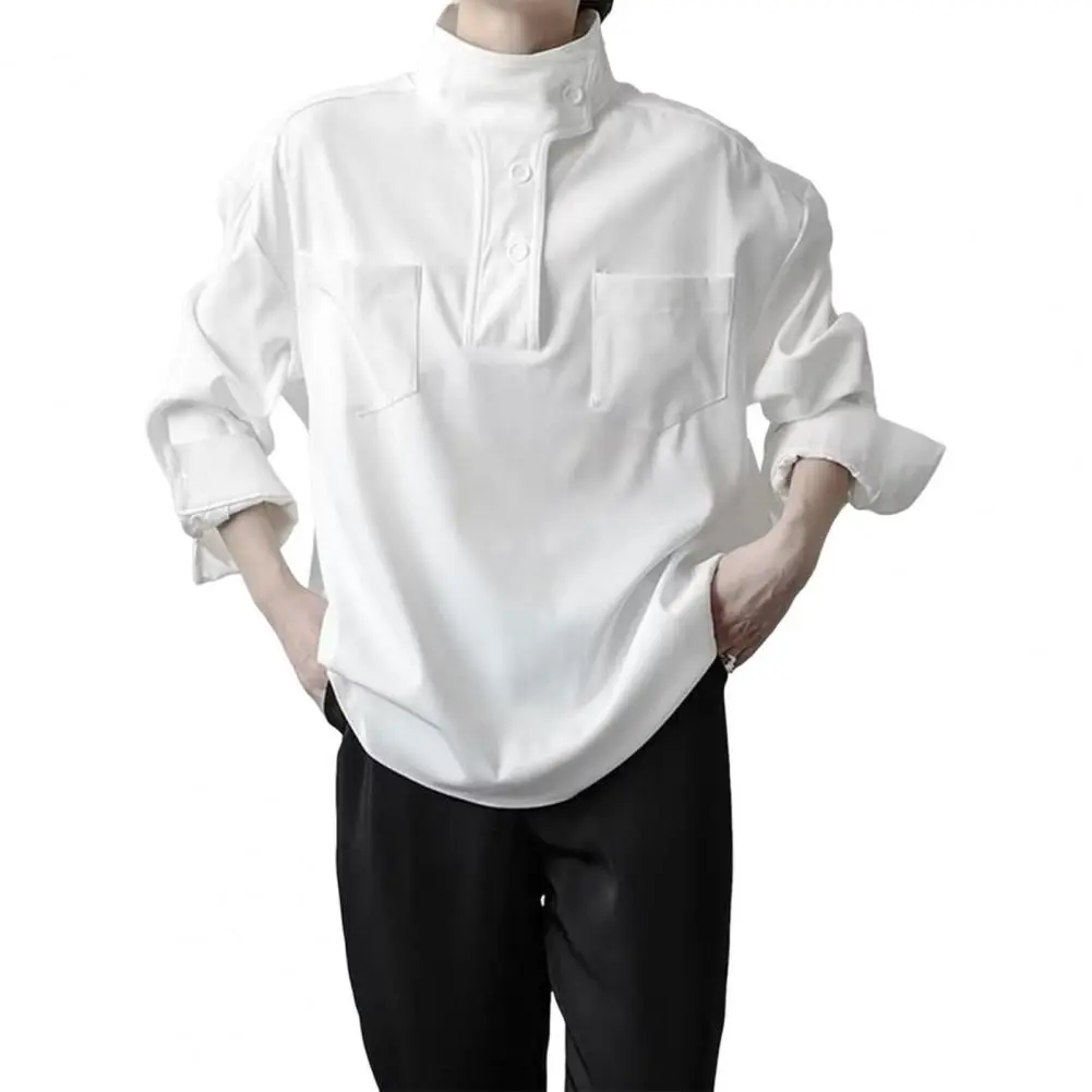 Women Shirt Half-High Collar Buttons Half Closure Long Sleeve Shirt with Pockets Solid Color Versatile Wardrobe Essential Shirt
