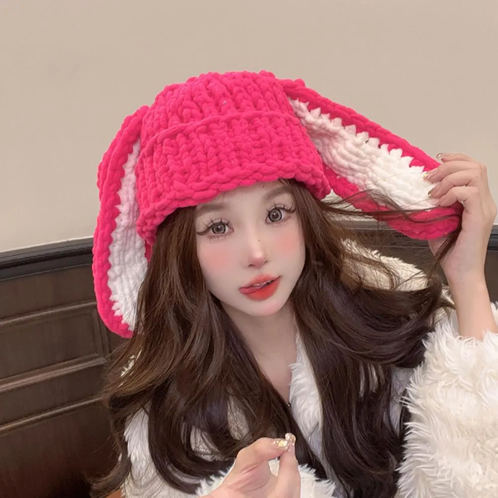 Windproof Hat Winter Knit Cap Cozy Stylish Women's Winter Hat with Long Bunny Ear Decor Knitted Warm Windproof Lady for Extra