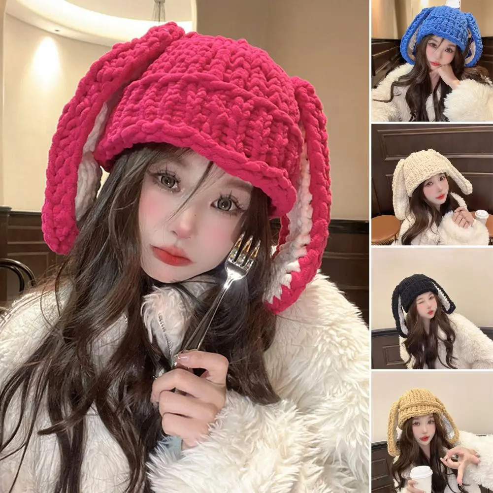 Windproof Hat Winter Knit Cap Cozy Stylish Women's Winter Hat with Long Bunny Ear Decor Knitted Warm Windproof Lady for Extra