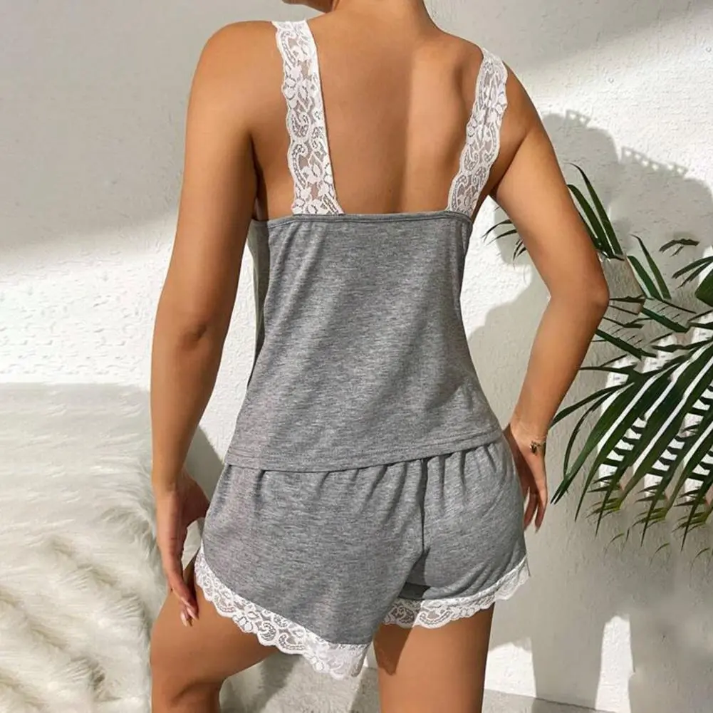 Women's Cami Pajama Set Lace Trim Tank Top Elastic Waist Shorts Set Sexy V Neck Sleeveless Sleepwear Lounge Female Homewear