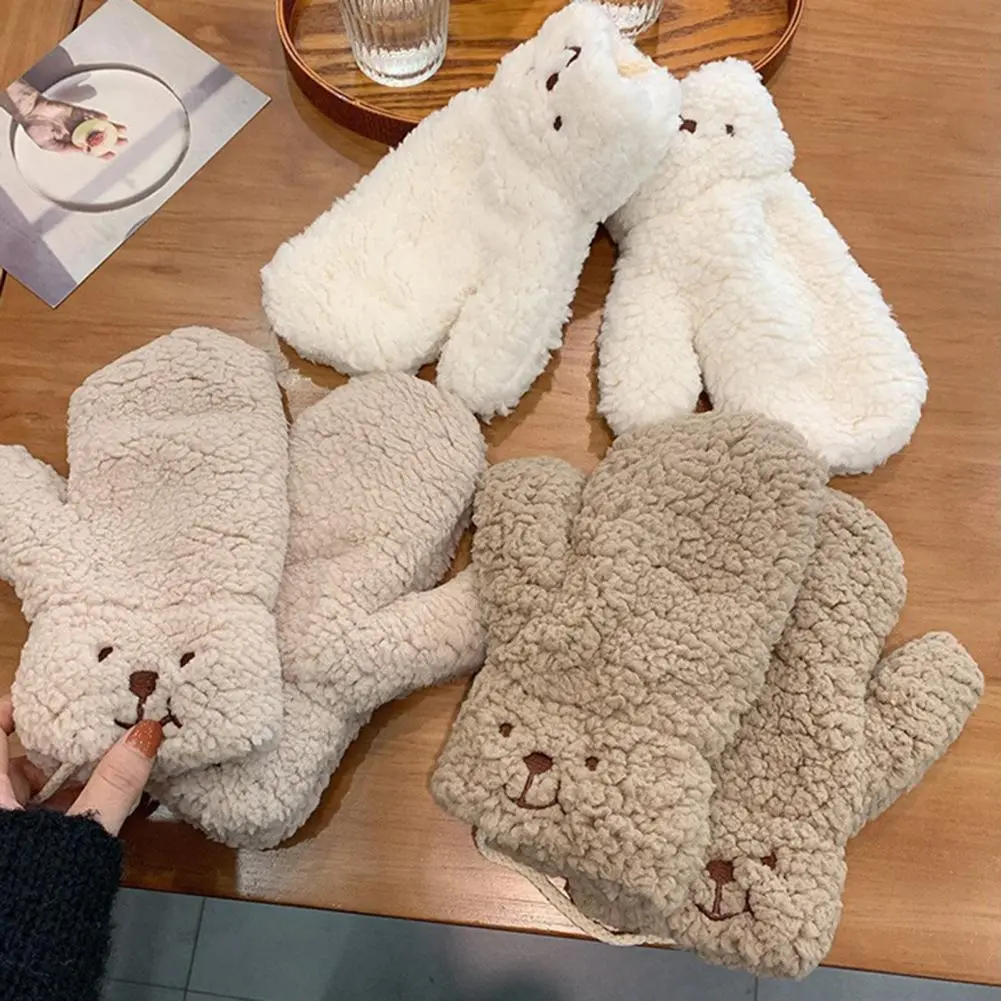 Soft Knitted Gloves Cozy Winter Gloves with Cute Cartoon Bear Design Windproof Heat Retaining Anti-slip Outdoor Cycling Gloves