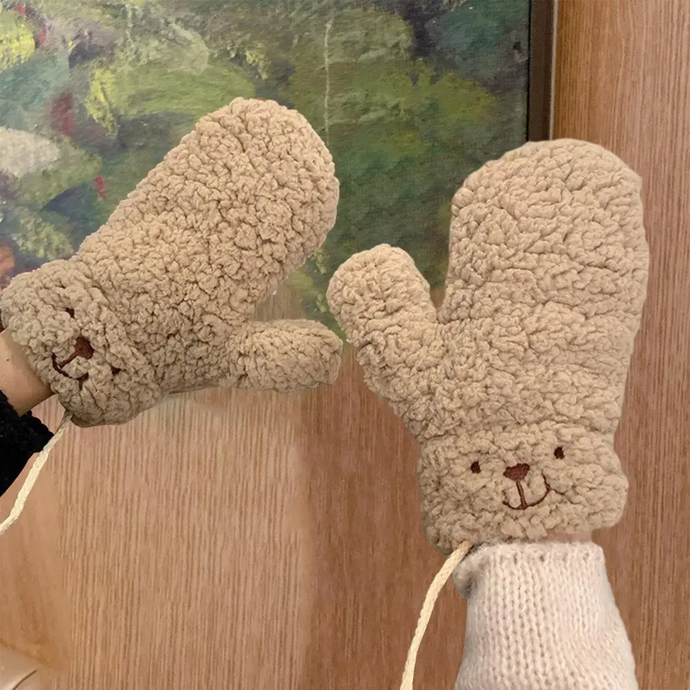 Soft Knitted Gloves Cozy Winter Gloves with Cute Cartoon Bear Design Windproof Heat Retaining Anti-slip Outdoor Cycling Gloves
