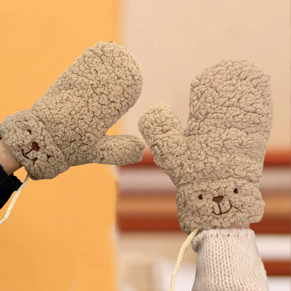 Soft Knitted Gloves Cozy Winter Gloves with Cute Cartoon Bear Design Windproof Heat Retaining Anti-slip Outdoor Cycling Gloves