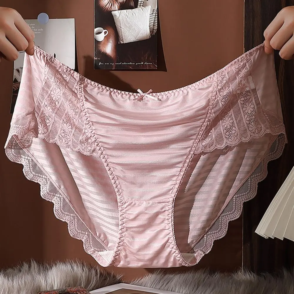 Women Panties Mid Waist Lace Bow Decor Plus Size Tummy Control Butt-lifted Silky Underwear Anti-septic Lady Underpants Briefs