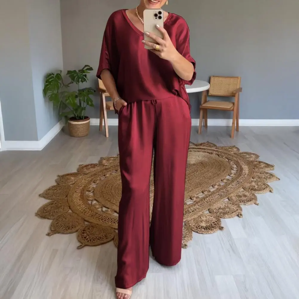 2025 Autumn Suit Viscose Two-piece Set Trendy Satin Two-piece Outfits for Women Oversize V-neck Top Wide Leg Pants Set Lounge
