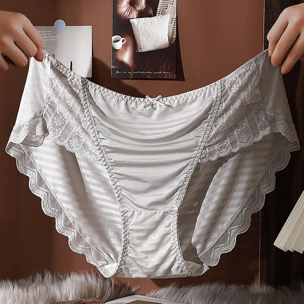 Women Panties Mid Waist Lace Bow Decor Plus Size Tummy Control Butt-lifted Silky Underwear Anti-septic Lady Underpants Briefs