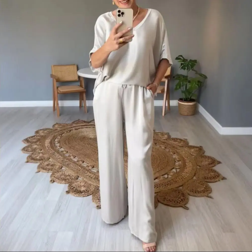 2025 Autumn Suit Viscose Two-piece Set Trendy Satin Two-piece Outfits for Women Oversize V-neck Top Wide Leg Pants Set Lounge