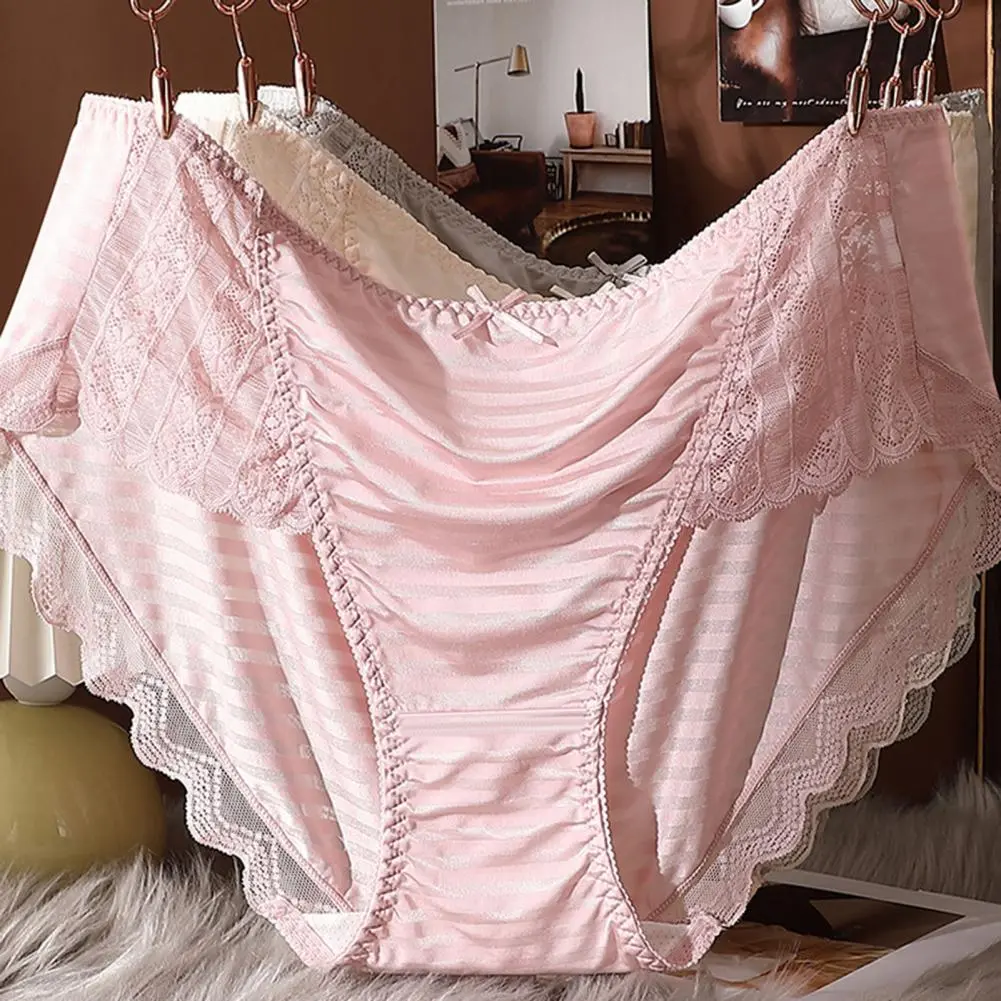 Women Panties Mid Waist Lace Bow Decor Plus Size Tummy Control Butt-lifted Silky Underwear Anti-septic Lady Underpants Briefs