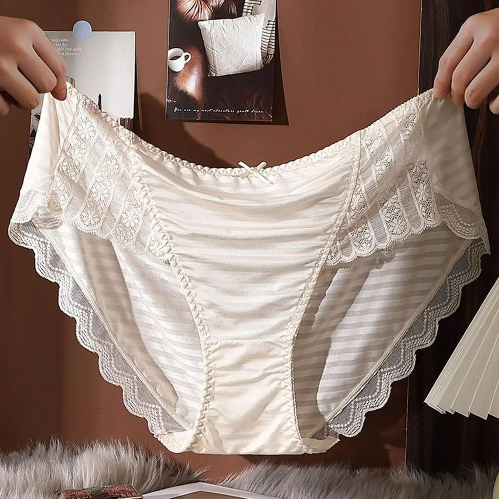 Women Panties Mid Waist Lace Bow Decor Plus Size Tummy Control Butt-lifted Silky Underwear Anti-septic Lady Underpants Briefs