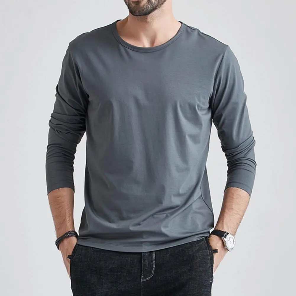 Cotton Men T-shirt Solid Color Simple O Neck Long Sleeves T-shirt Plus Size Loose Mid Length Pullover Classic Round Neck Tee