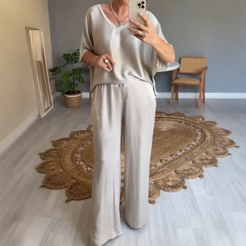 2025 Autumn Suit Viscose Two-piece Set Trendy Satin Two-piece Outfits for Women Oversize V-neck Top Wide Leg Pants Set Lounge