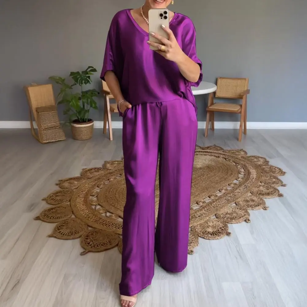 2025 Autumn Suit Viscose Two-piece Set Trendy Satin Two-piece Outfits for Women Oversize V-neck Top Wide Leg Pants Set Lounge