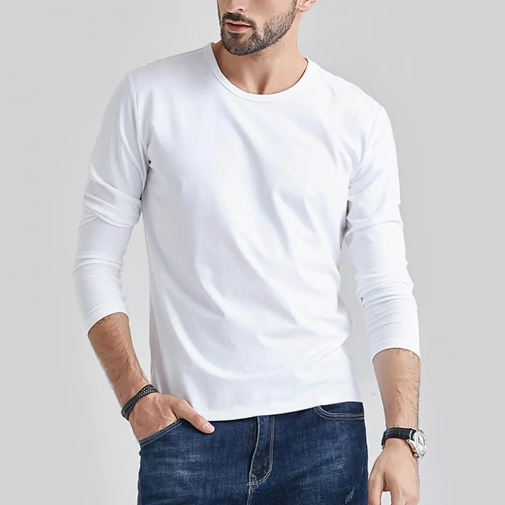 Cotton Men T-shirt Solid Color Simple O Neck Long Sleeves T-shirt Plus Size Loose Mid Length Pullover Classic Round Neck Tee
