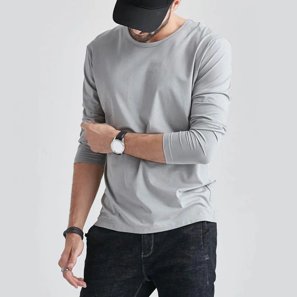 Cotton Men T-shirt Solid Color Simple O Neck Long Sleeves T-shirt Plus Size Loose Mid Length Pullover Classic Round Neck Tee
