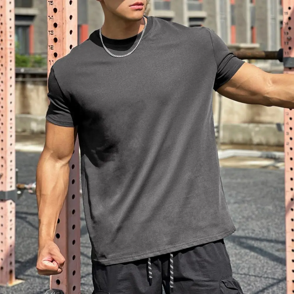 Classic Style Men Short-sleeve Top Crew Neck Short Sleeve Top Outdoor Workout Tee Basic Sports Street Solid Color Men T-shirt