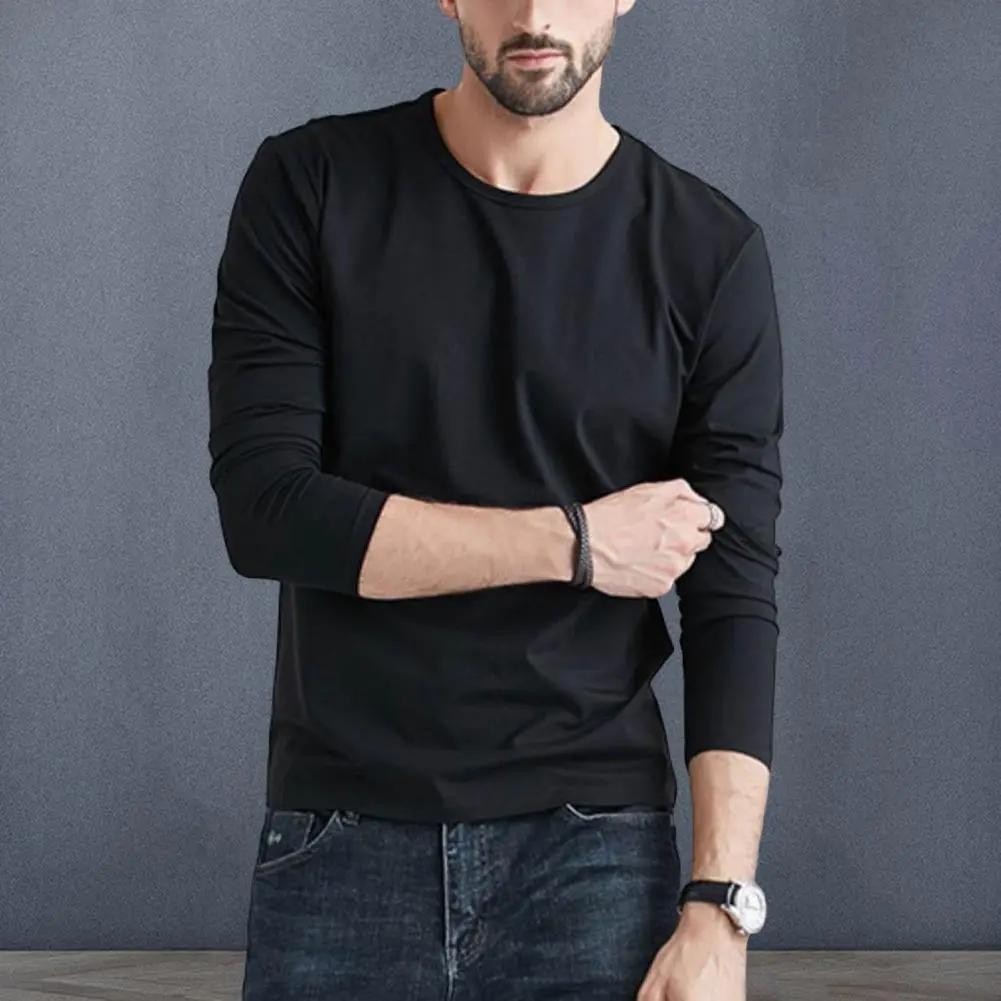 Cotton Men T-shirt Solid Color Simple O Neck Long Sleeves T-shirt Plus Size Loose Mid Length Pullover Classic Round Neck Tee