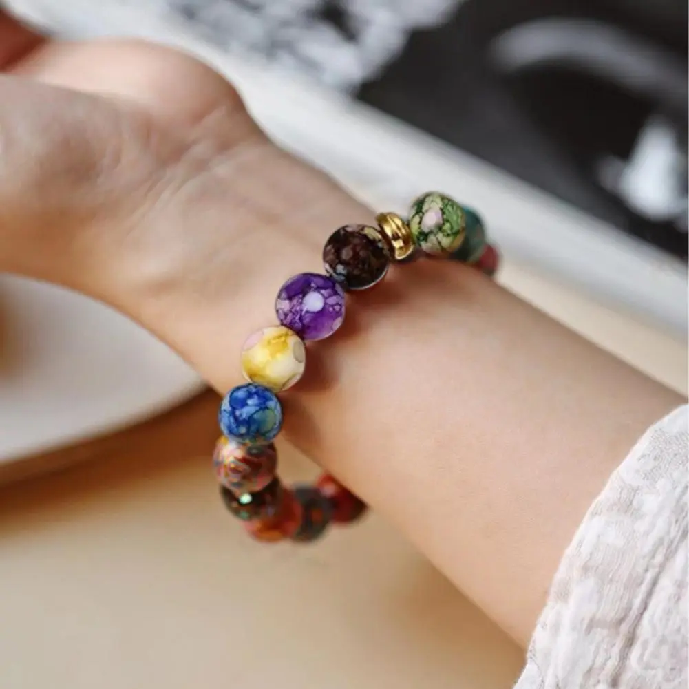 2025 Energy Bangle Beads Bracelet Colorful Beaded Elastic Rope Adjustable Faux Volcanic Agate Stone Beads Bangle Fashion Charm