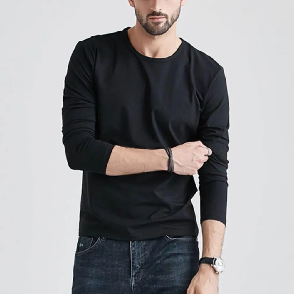 Cotton Men T-shirt Solid Color Simple O Neck Long Sleeves T-shirt Plus Size Loose Mid Length Pullover Classic Round Neck Tee