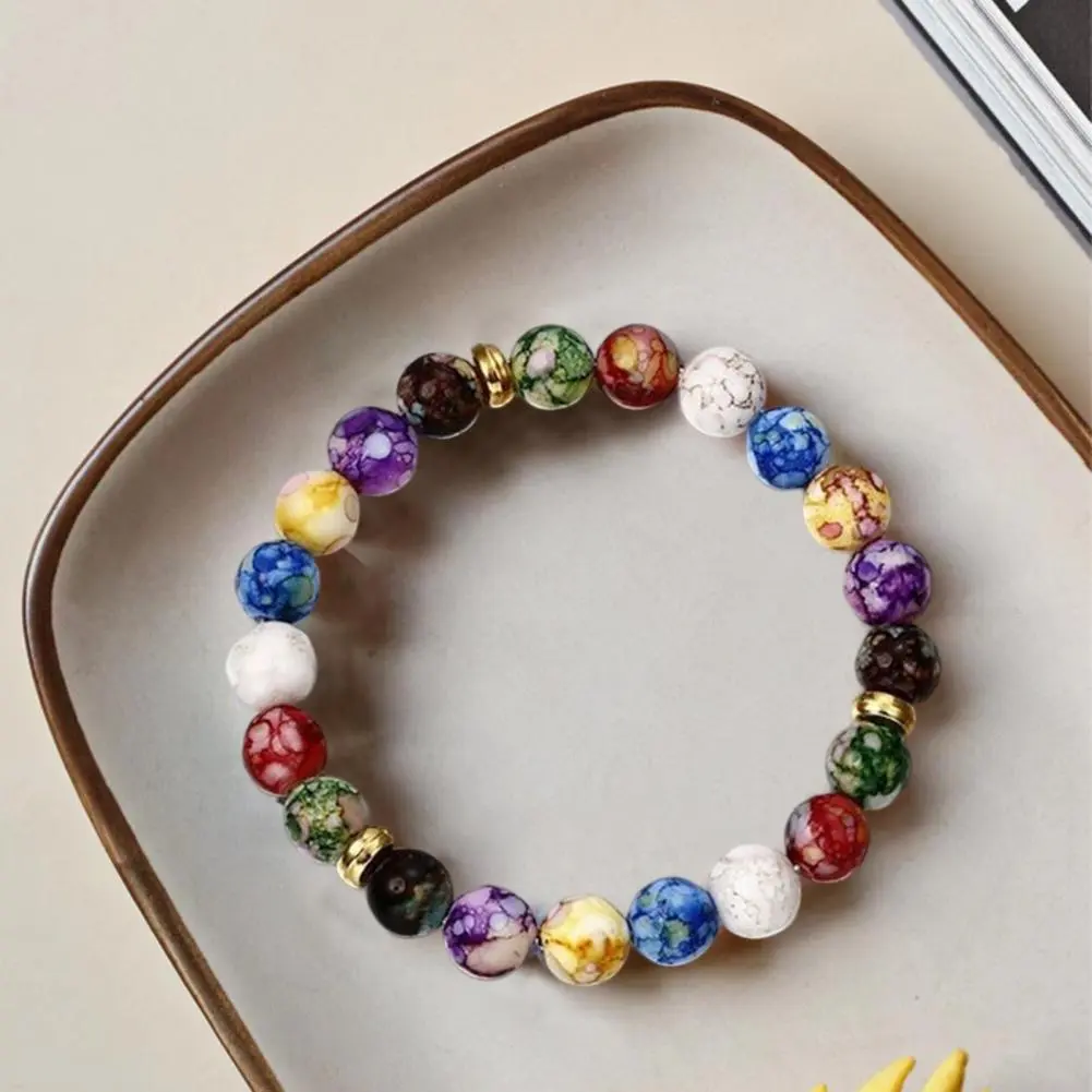 2025 Energy Bangle Beads Bracelet Colorful Beaded Elastic Rope Adjustable Faux Volcanic Agate Stone Beads Bangle Fashion Charm