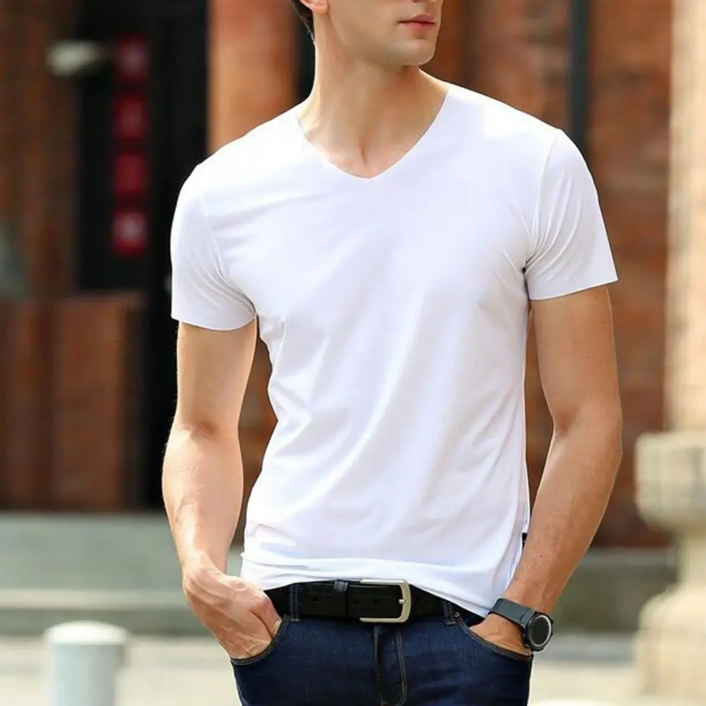 2025 Male Ice Silk Seamless Tee Shirt V-Neck Short Sleeve Solid Color Thin Men T-shirt Summer Ice Silk Trackless T-shirt