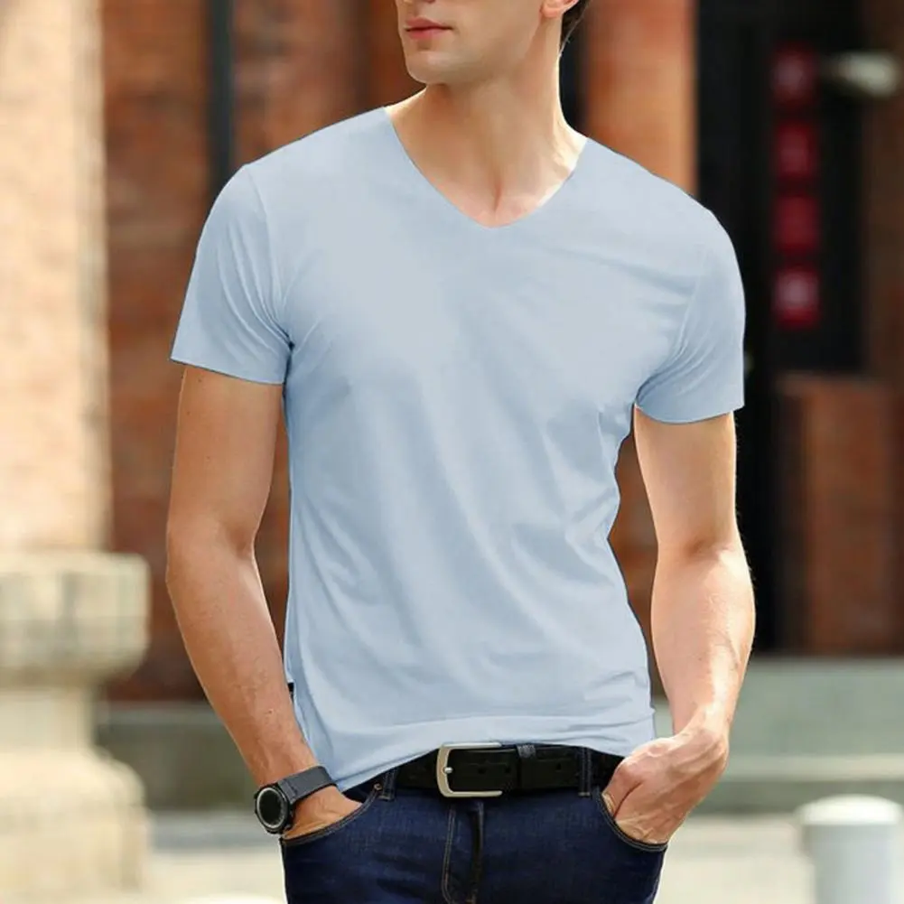 2025 Male Ice Silk Seamless Tee Shirt V-Neck Short Sleeve Solid Color Thin Men T-shirt Summer Ice Silk Trackless T-shirt
