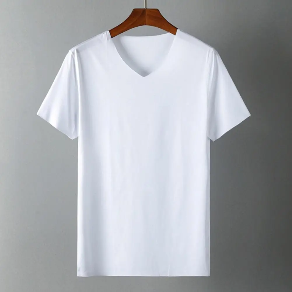 2025 Male Ice Silk Seamless Tee Shirt V-Neck Short Sleeve Solid Color Thin Men T-shirt Summer Ice Silk Trackless T-shirt